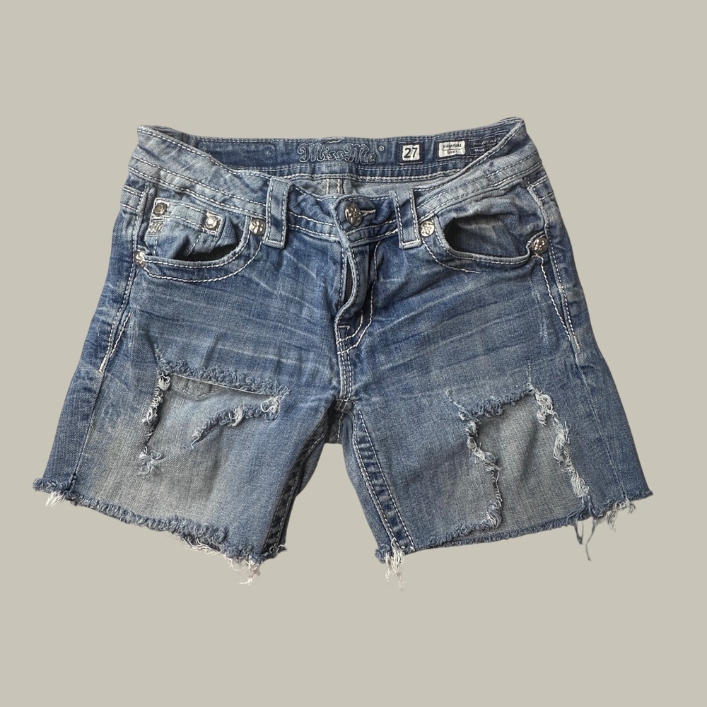 Miss Me Shorts Womens 27 Signature Boot Blue Distressed Cutoff Denim JE8412BL